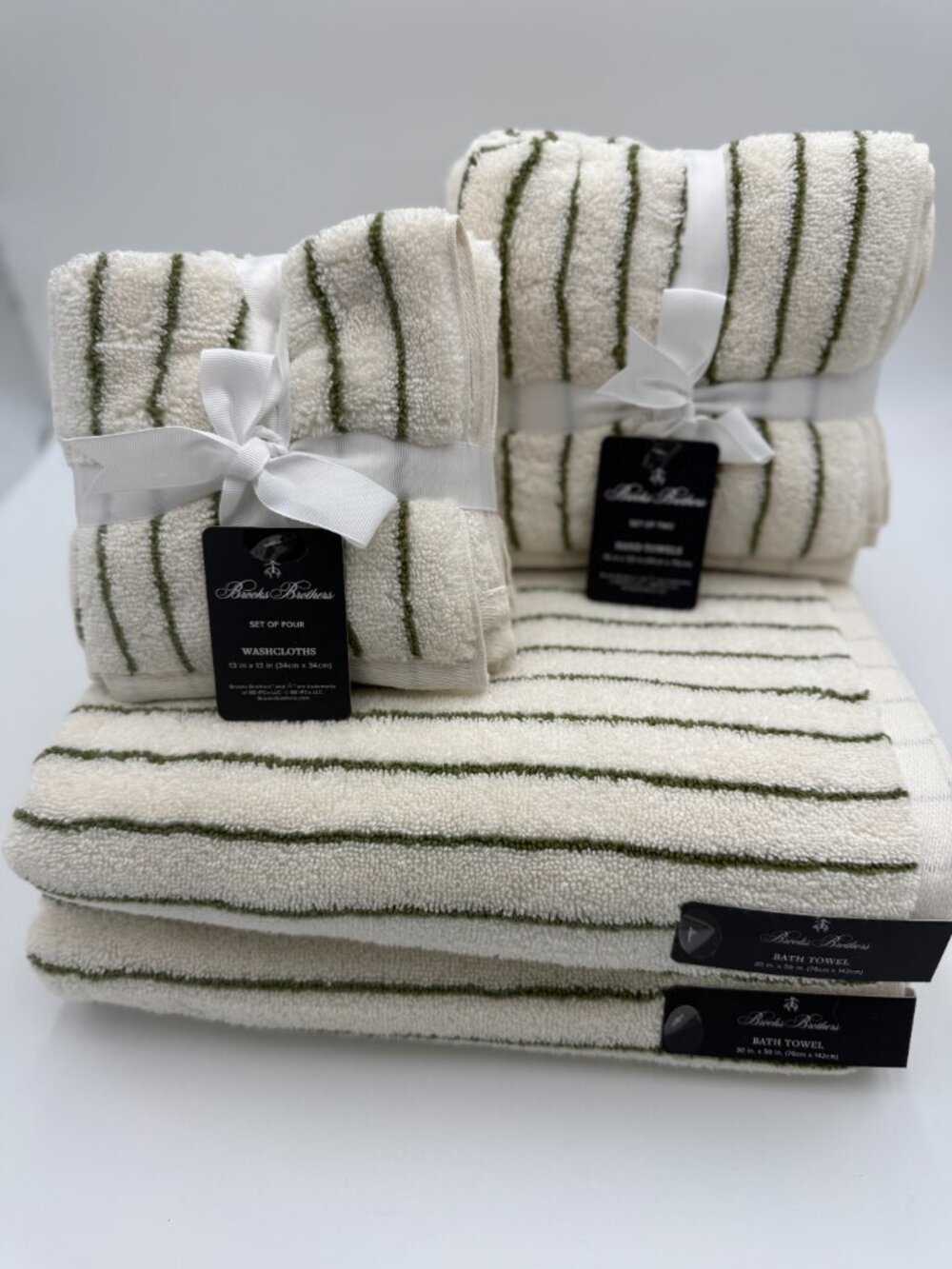 8pc BROOKS BROTHERS Premium Towel Set Striped Ivory & Green NWT